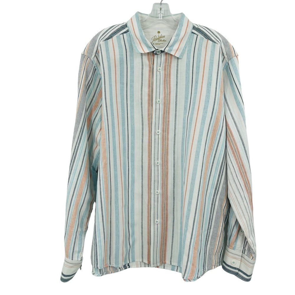 Paradise Collection linen cotton stripe‎ button front shirt men's size XL